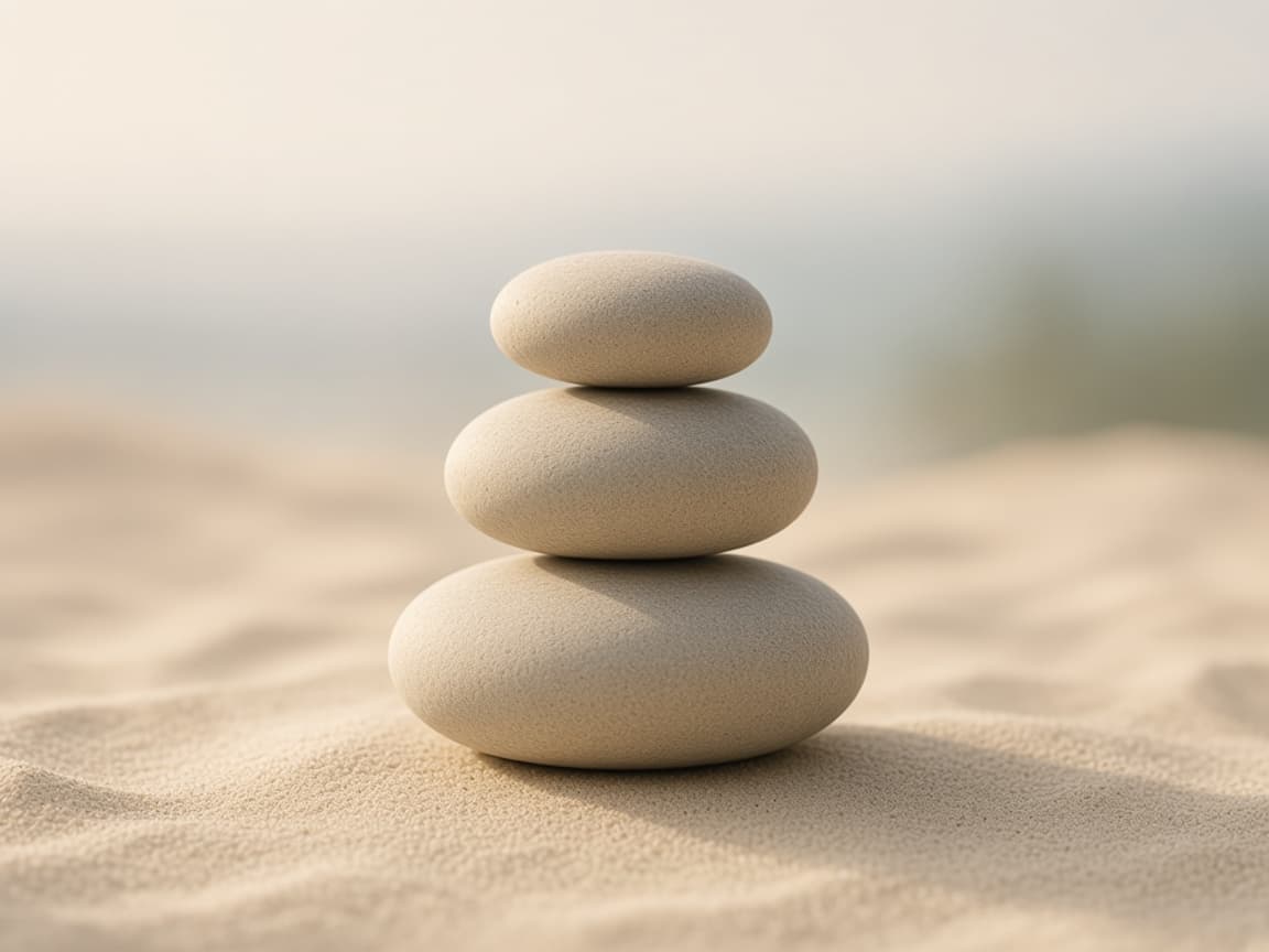 A small stack of balanced stones on pale sand.
