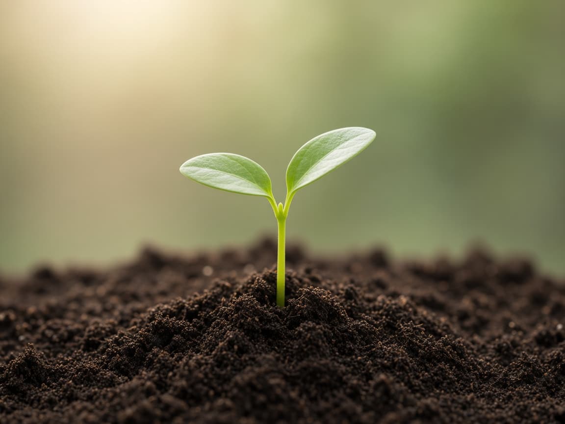 A seedling emerging from dark soil.