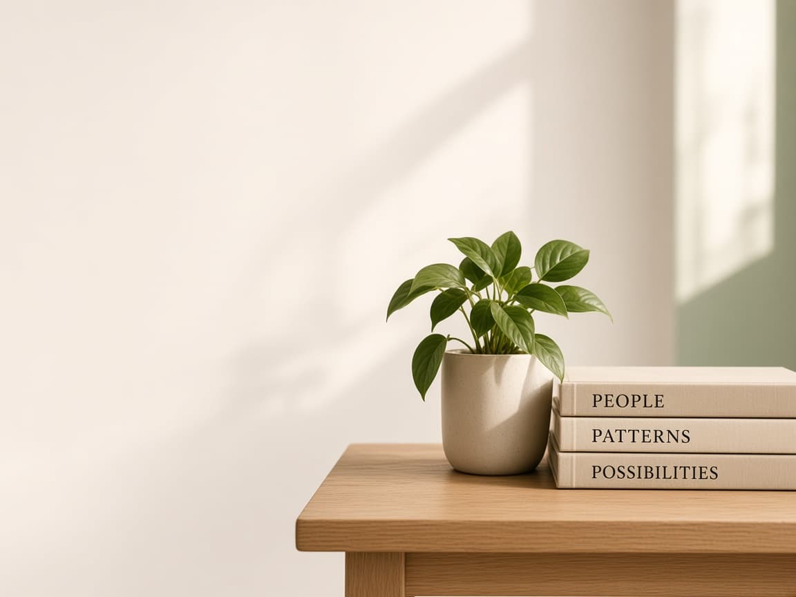 A plant and stacked books labelled People, Patterns and Possibilities.