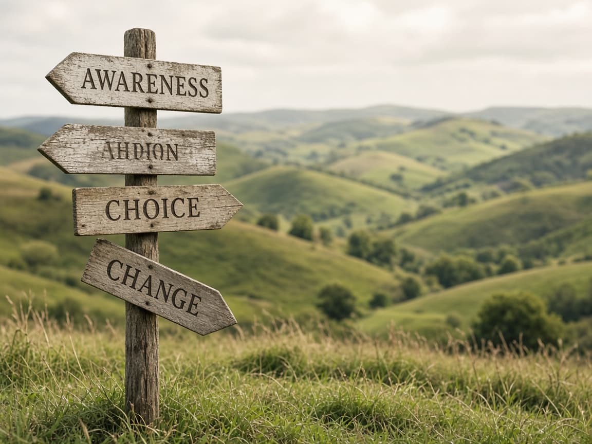 A wooden signpost pointing to Awareness, Choice and Change.